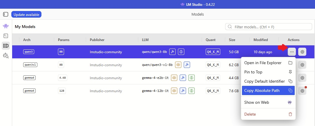 How to copy the GGUF model path in LM Studio