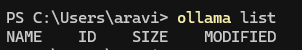 Ollama list command showing no models installed