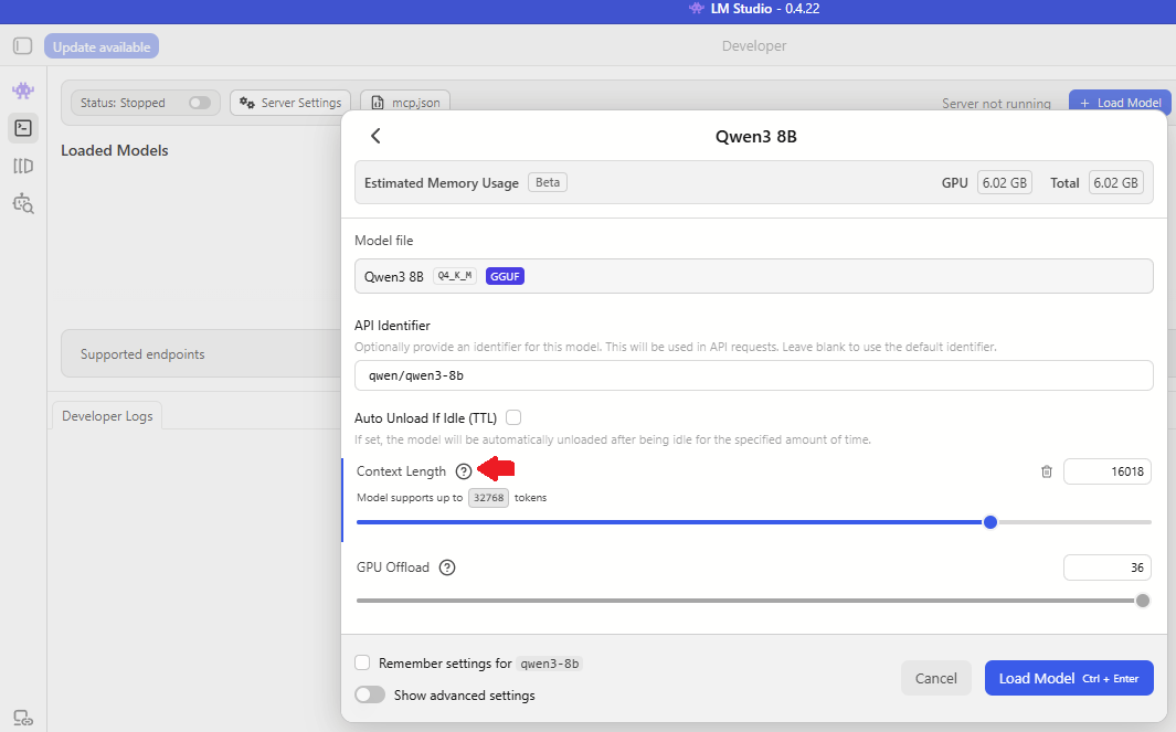 Setting context size to 16000 in LM Studio