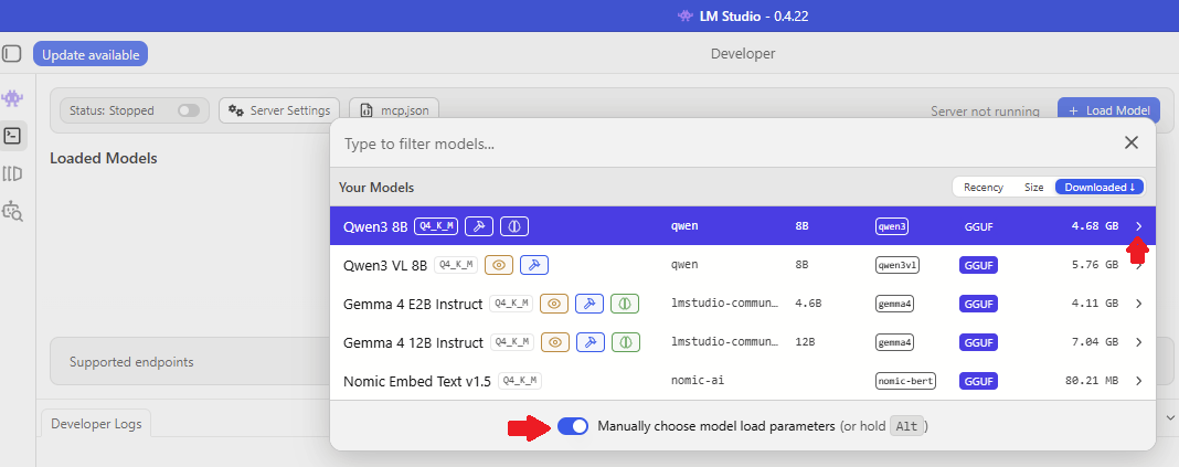 LM Studio developer tab with model load settings