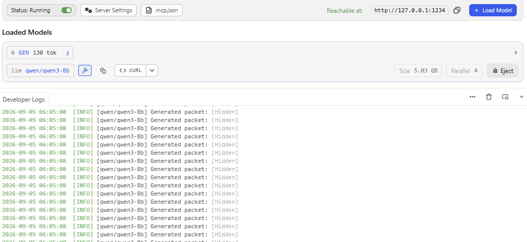 LM Studio logs showing token generation