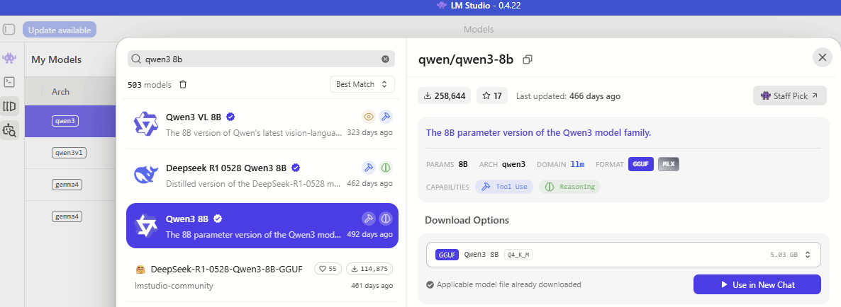 Searching for the Qwen3 8B model in LM Studio