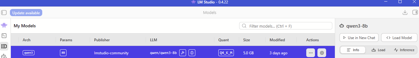 Downloaded models list in LM Studio